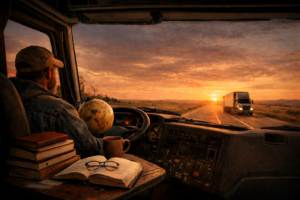 A truck driver drives towards sunset